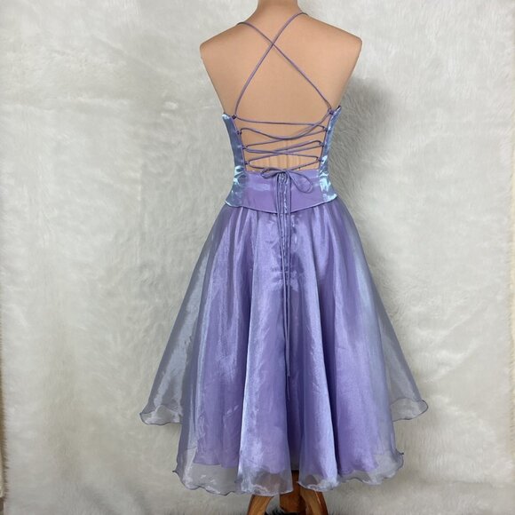 Vintage 80s 90s Cache Shimmer Lilac Purple Organza Lace Up Dress Fairy 6 - Picture 3 of 8
